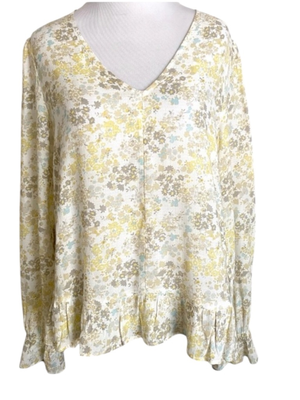 LUCKY BRAND BLOUSE YELLOW GRAY LONG SLEEVE TOP BOHO CHIC SMALL NWT SUMMER RUFFLE